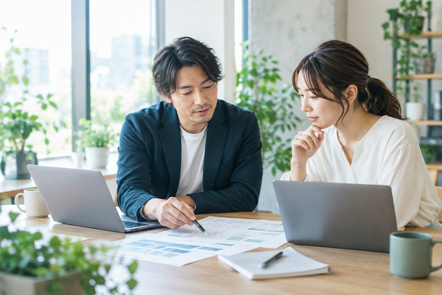 業務フローとパソコンを確認しながらAI活用について相談するイメージ