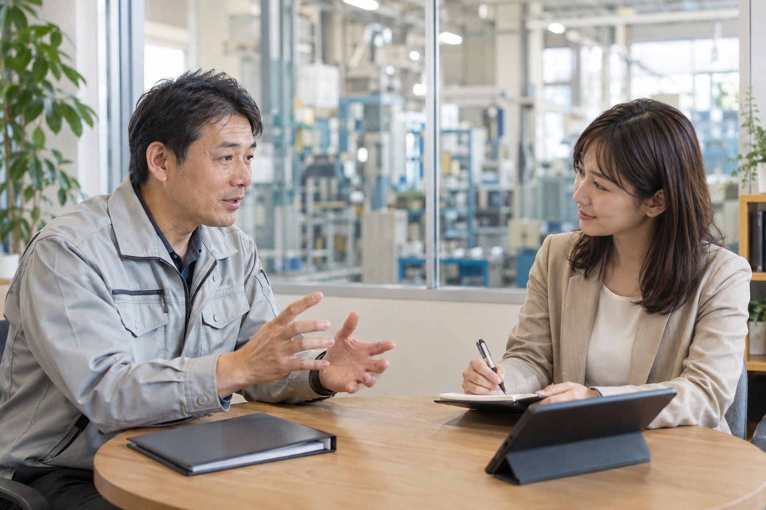製造現場の担当者の業務について、聞き手が丁寧に話を伺うイメージ