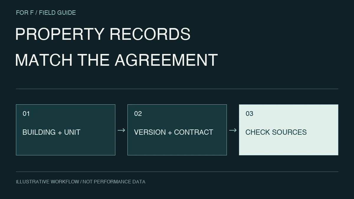 PROPERTY RECORDS. MATCH THE AGREEMENT. BUILDING + UNIT → VERSION + CONTRACT → CHECK SOURCES