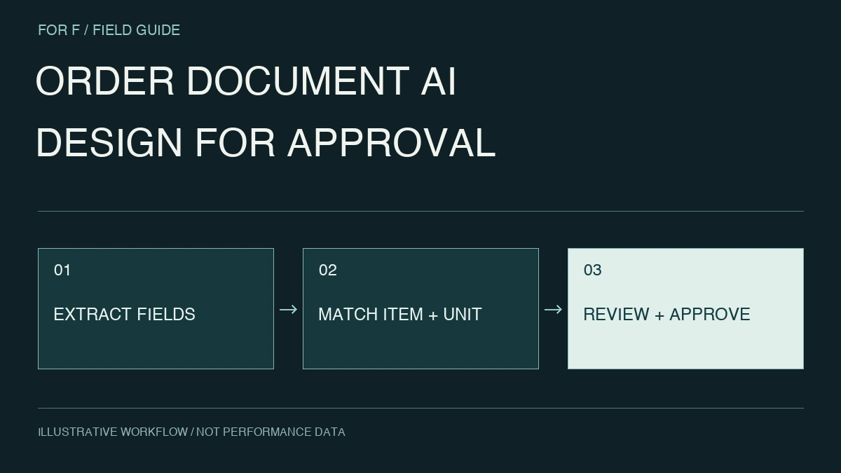 ORDER DOCUMENT AI. DESIGN FOR APPROVAL. EXTRACT FIELDS → MATCH ITEM + UNIT → REVIEW + APPROVE