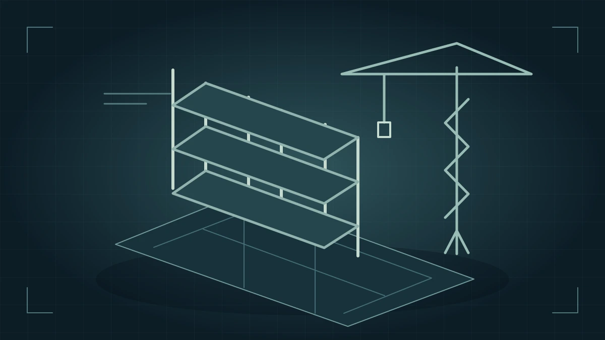 A structural frame, tower crane and construction plan