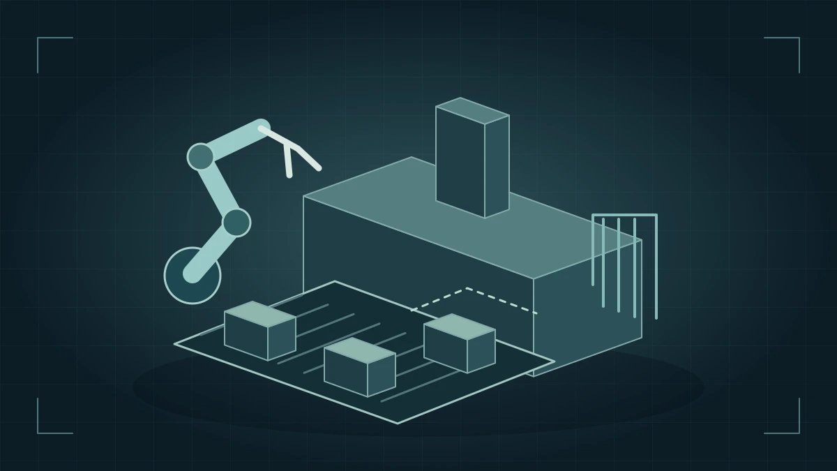 Manufacturing scene with a robot arm, conveyor and inspection equipment